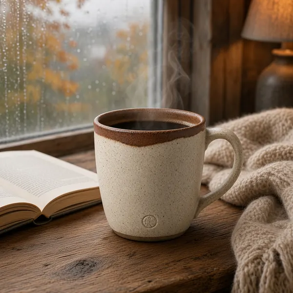Speckled stoneware mug of steaming coffee by a rainy autumn window with a book and blanket