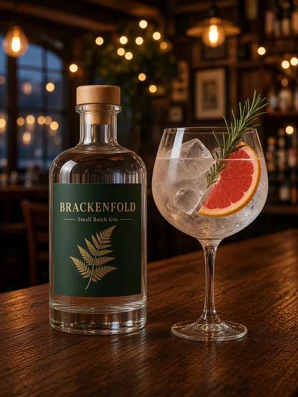 Small batch gin bottle with a grapefruit and rosemary gin and tonic on a pub bar at dusk