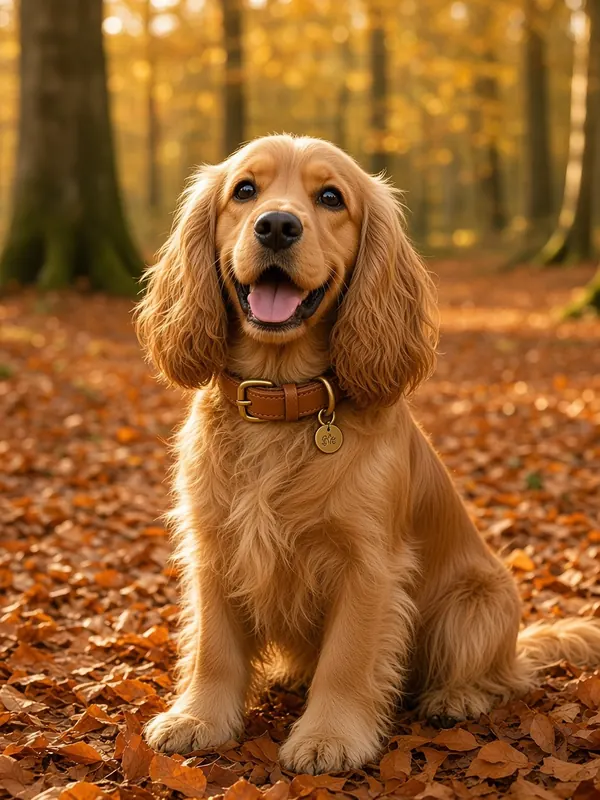 Golden cocker spaniel in autumn woodland wearing a tan leather collar with a brass tag