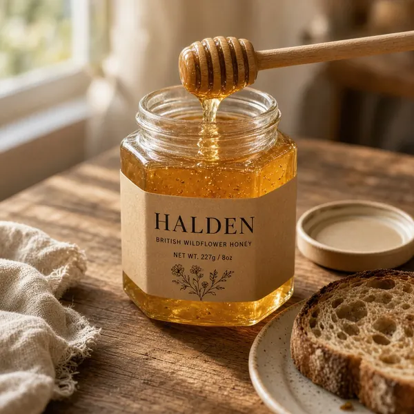 Jar of British wildflower honey with honey dripping from a wooden dipper beside sourdough toast